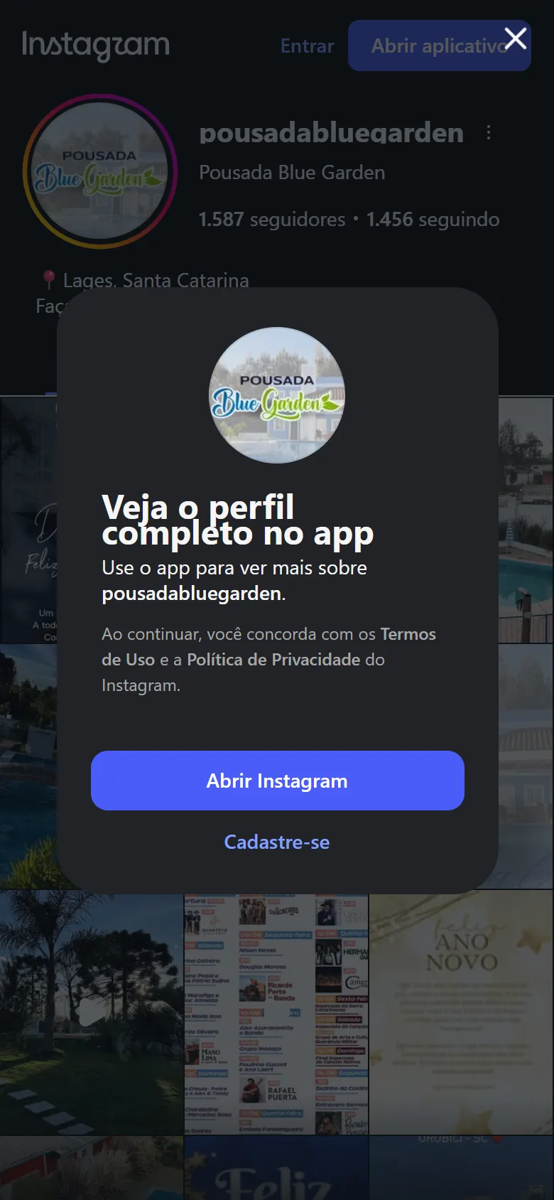 Antes: o Instagram da pousada no navegador do celular, pedindo para entrar no app