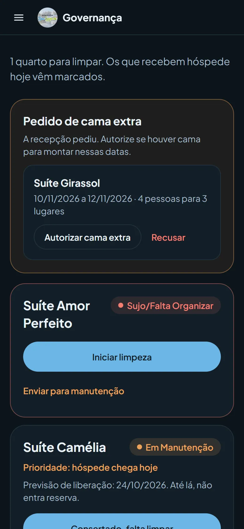 A governança no celular: quartos para limpar, manutenção e pedido de cama extra