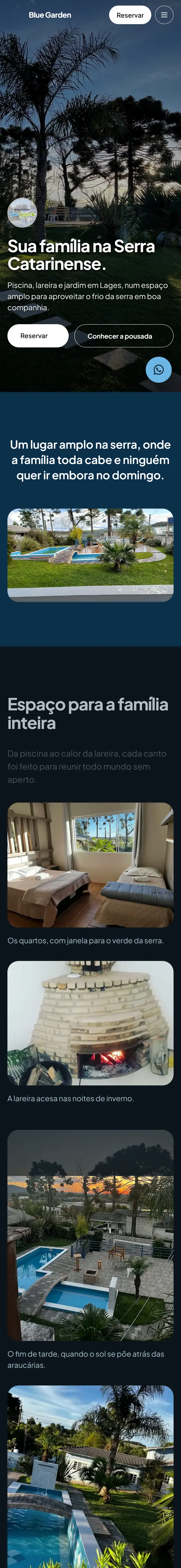 O site da Pousada Blue Garden no celular, da abertura às fotos dos quartos
