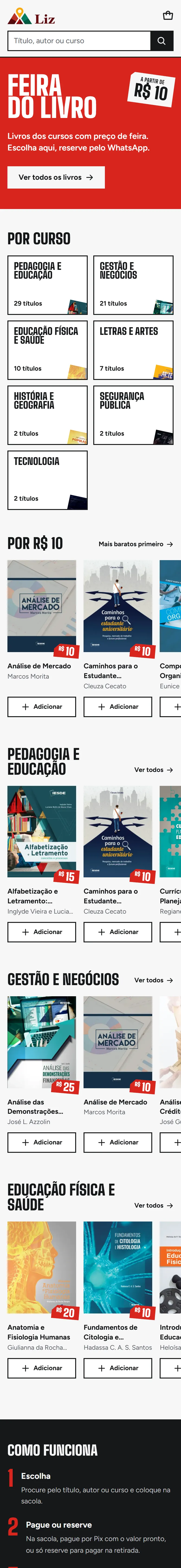O catálogo da Feira do Livro no celular, com os livros por curso