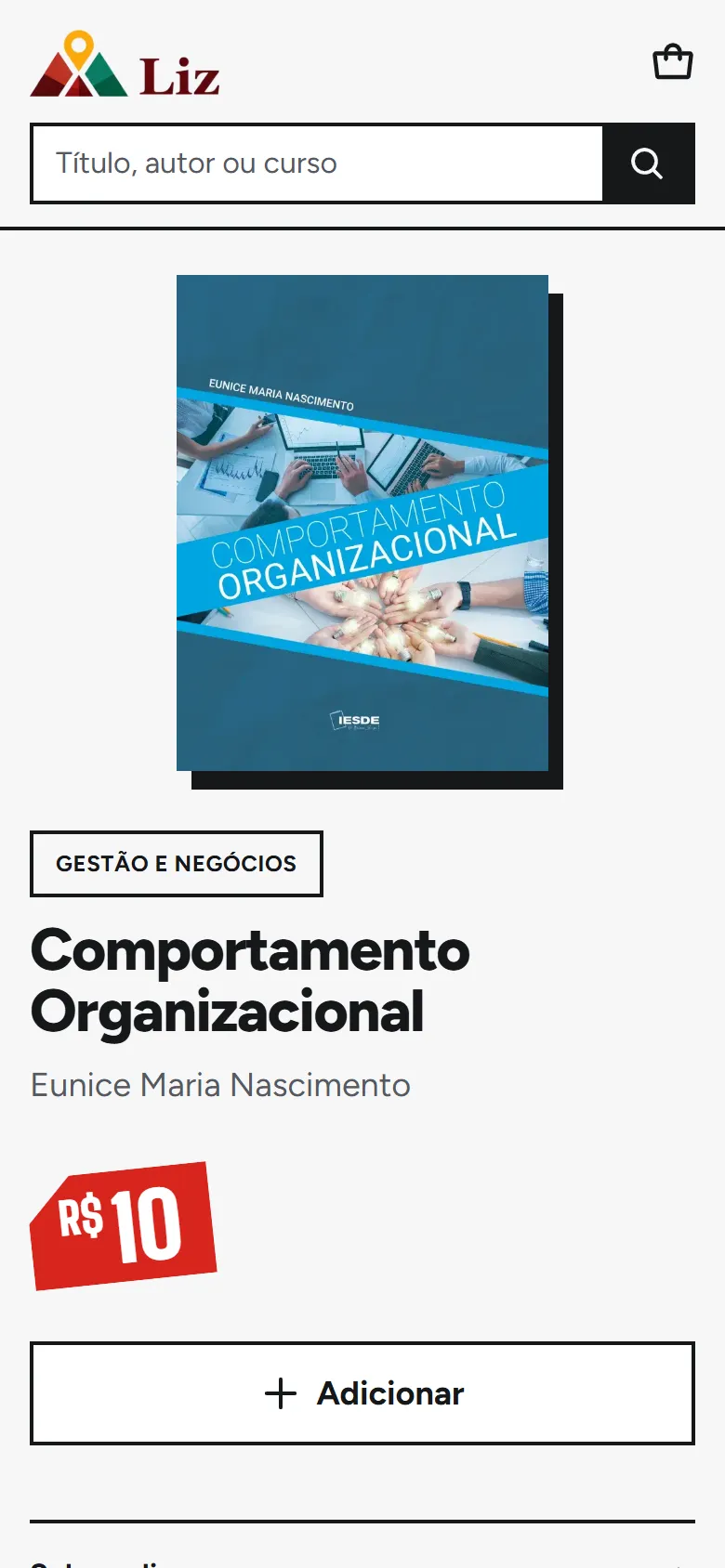 A ficha de um livro, com capa, autor, preço e o botão de adicionar