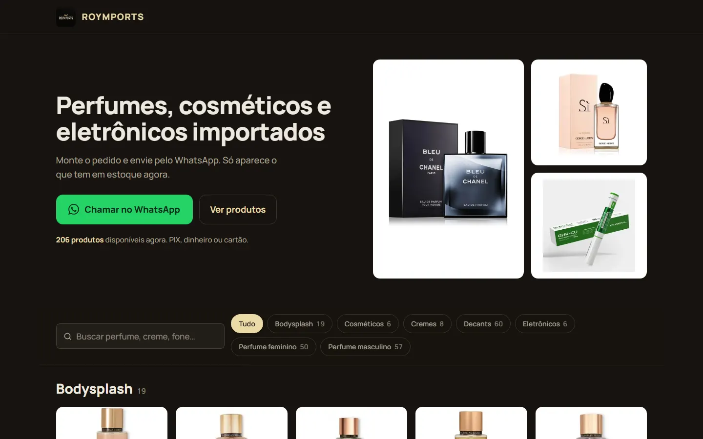 O catálogo público da ROYMPORTS no computador, com os produtos em destaque